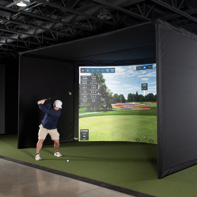 Carl's curved golf simulator enclosure included in the APOGEE Curved package