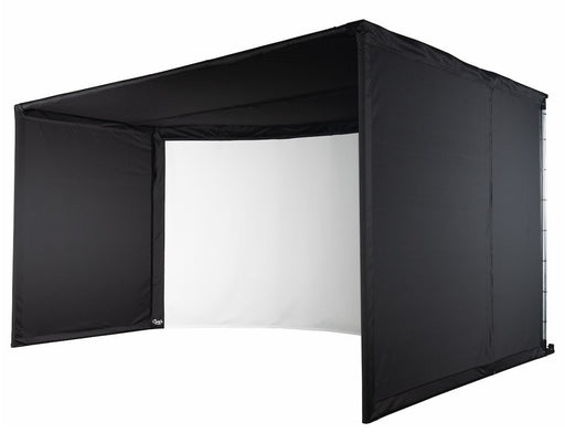 Carl’s curved golf simulator enclosure front view with a blank white impact screen, ready for projector setup