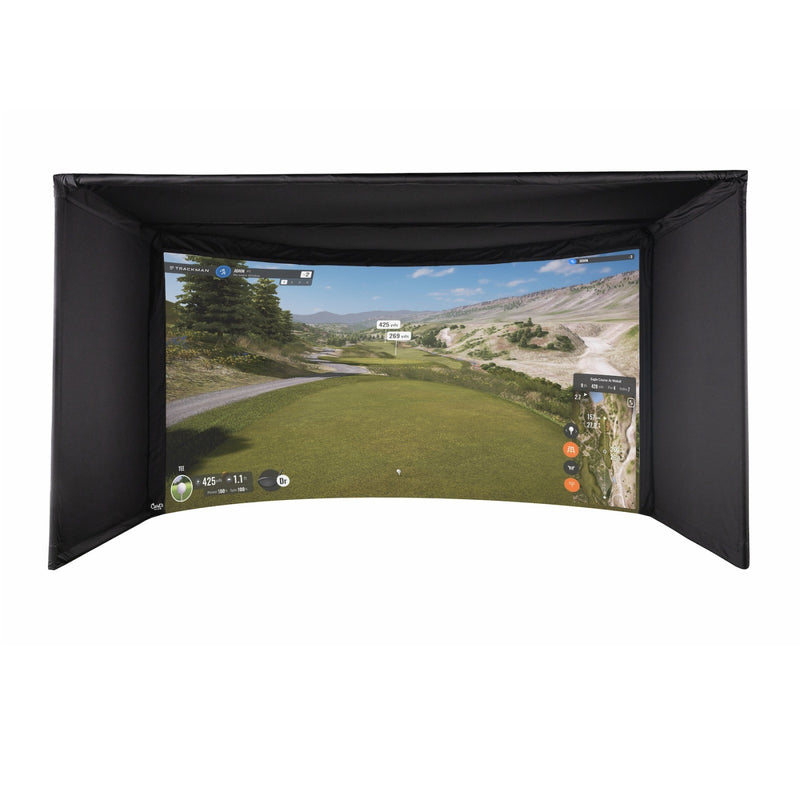 Carl's curved golf simulator enclosure from front with Trackman software