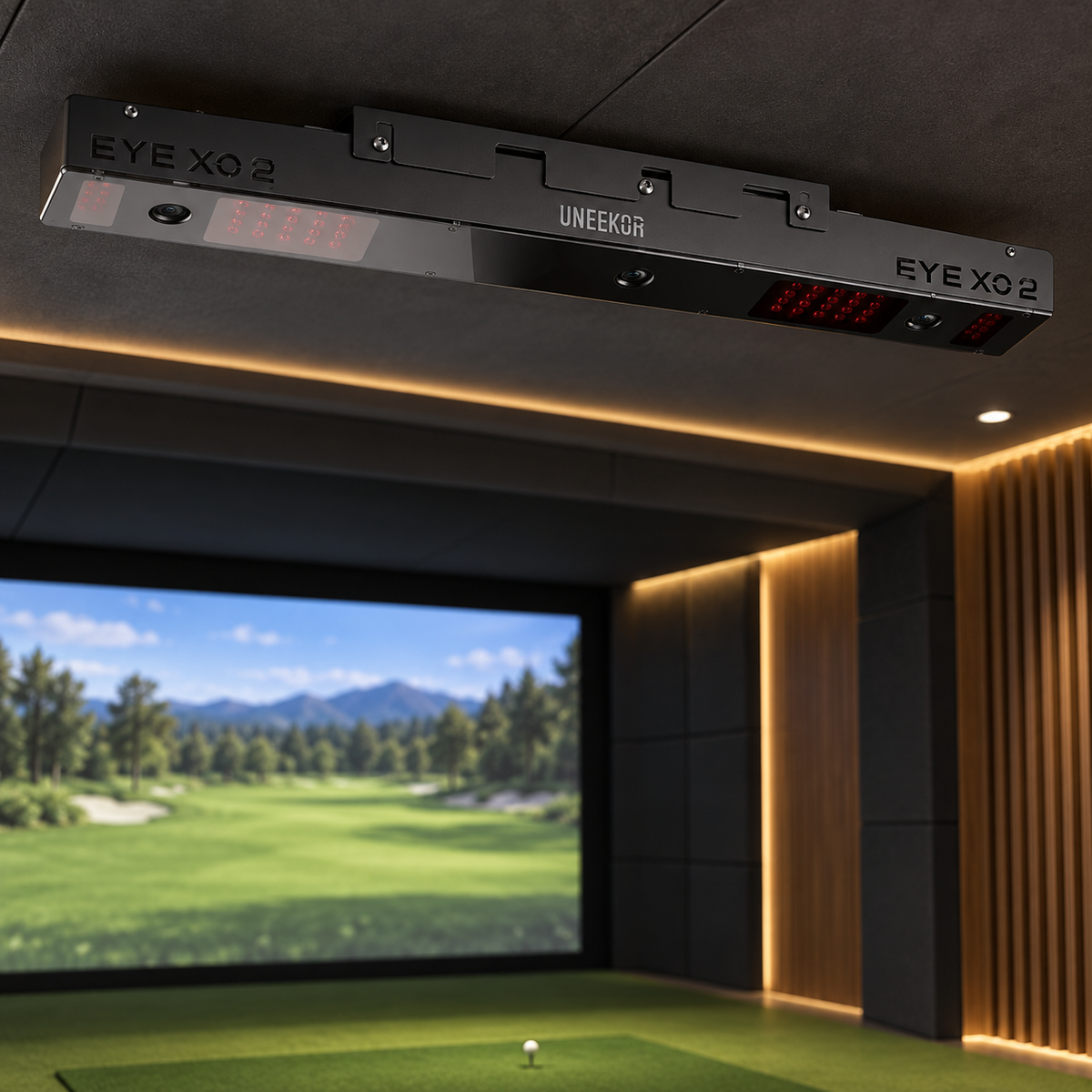 Uneekor Eye XO2 overhead golf launch monitor mounted above a simulator hitting area