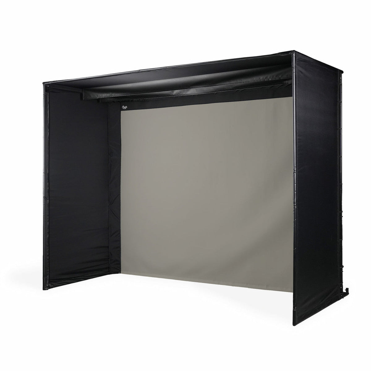 Carl’s Place DIY Golf Enclosure Kit fitted with the High Contrast Gray premium impact screen, shown at an angle