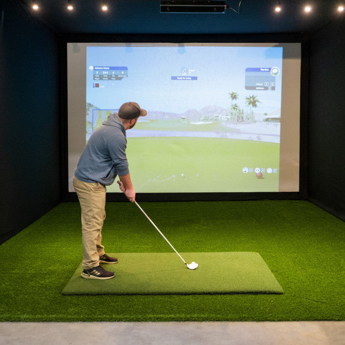 Country Club Elite Golf Hitting Mat in a Golf Simulator; other pictured equipment sold separately