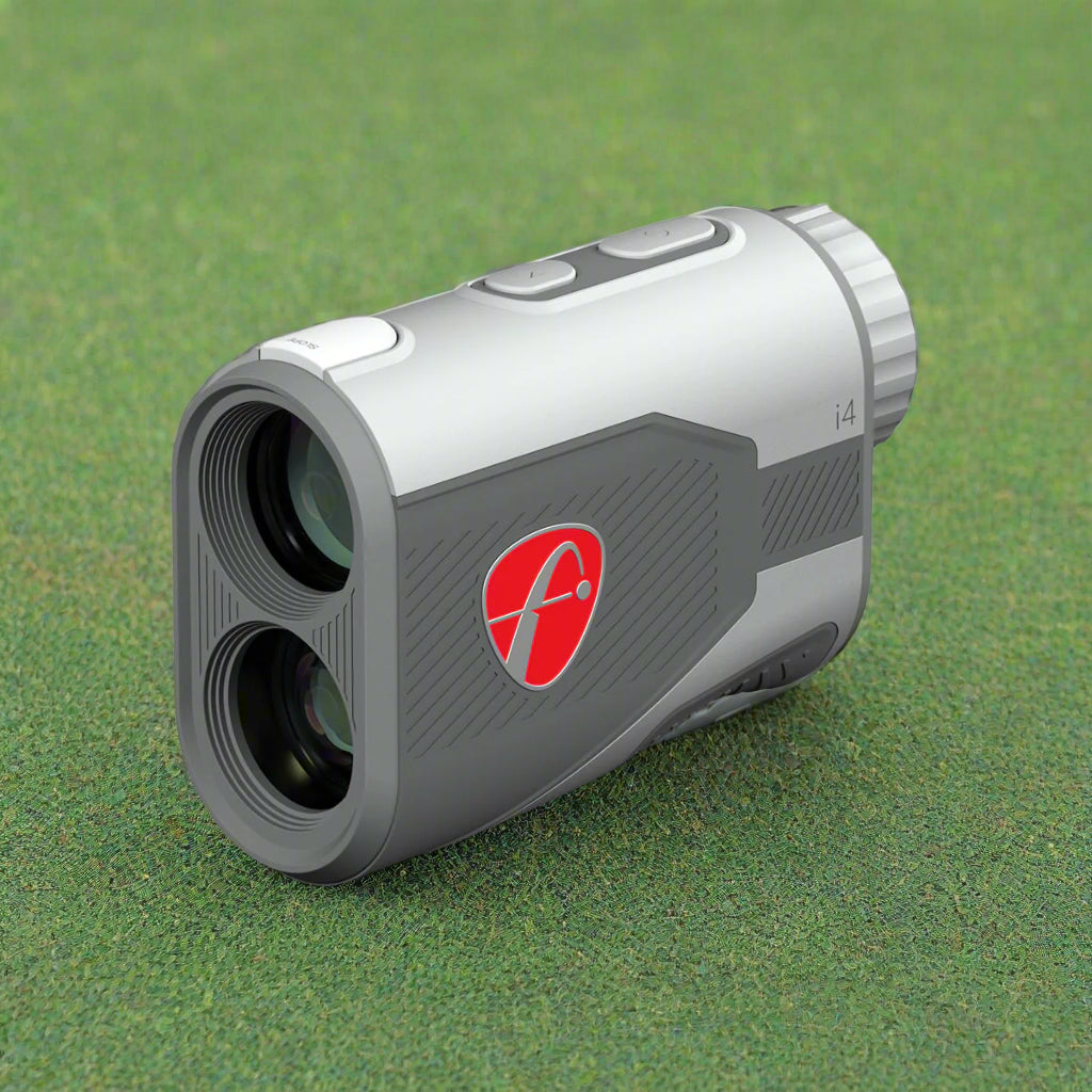 Rangefinder with a red logo on a white background