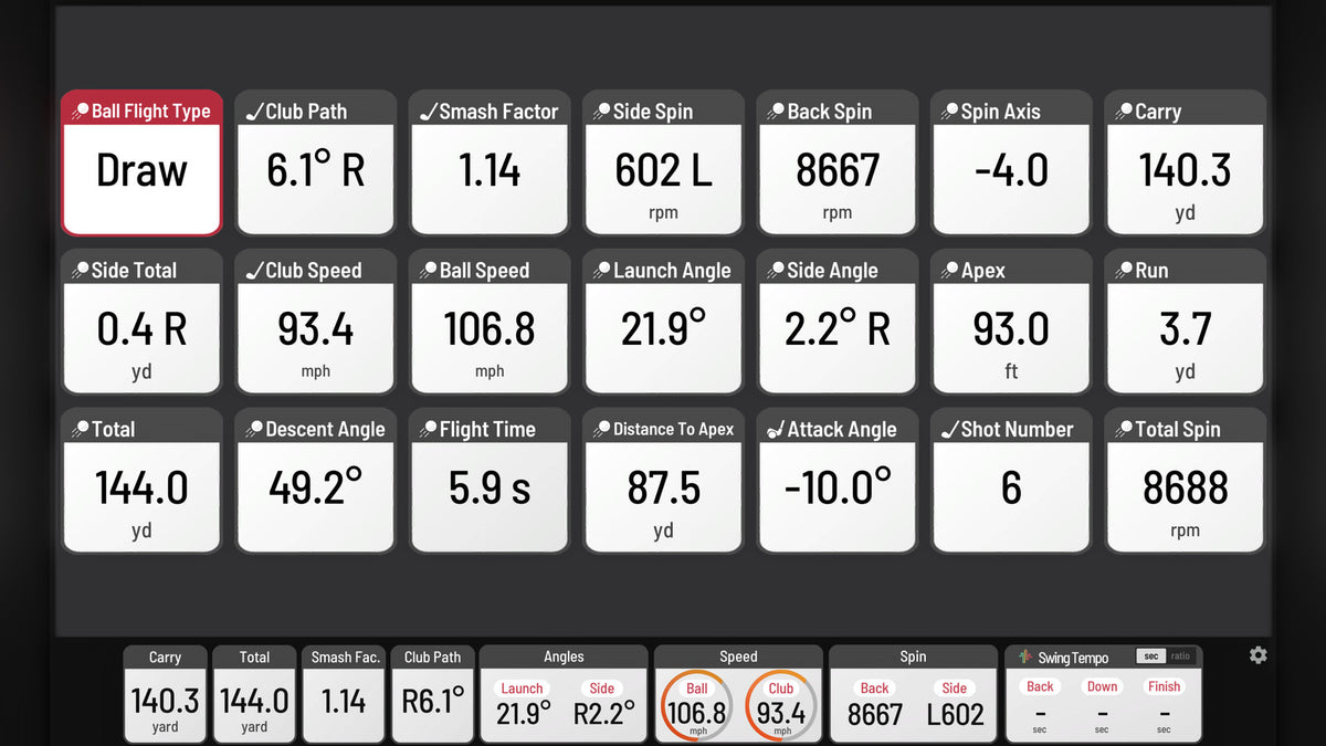 Uneekor Eye Mini Lite software screen showing detailed ball and club data tiles for a golf shot