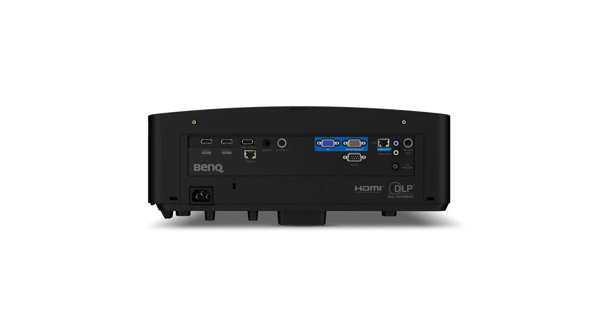 Rear view of the BenQ LU935ST projector showing dual HDMI ports, VGA, RS232, LAN, audio, and trigger connections along with the power inlet