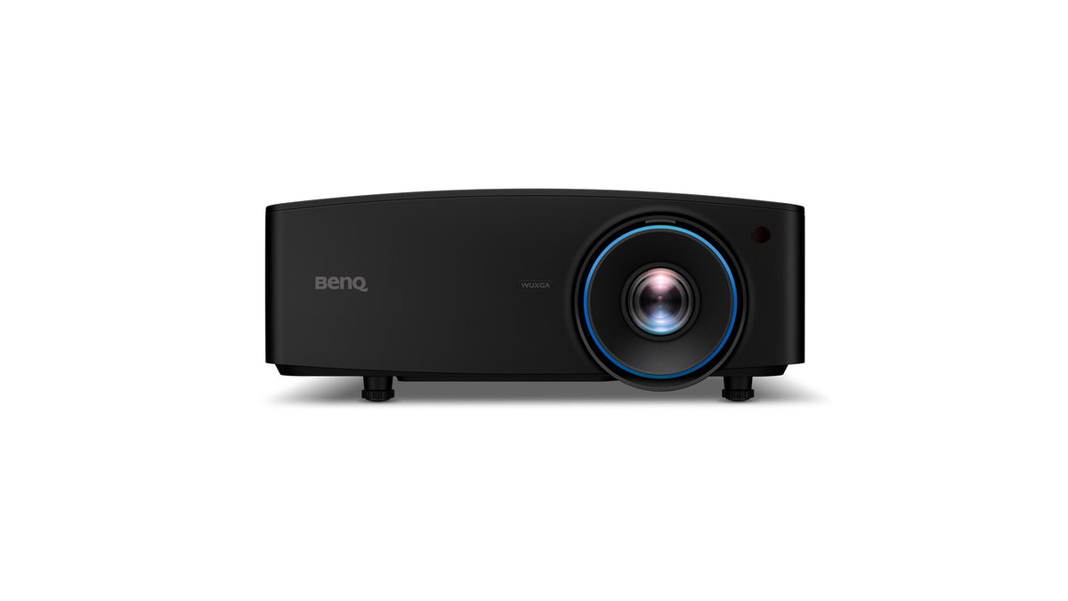 BenQ LU935ST WUXGA laser projector front view with illuminated blue lens ring and BenQ logo on a white background