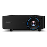 BenQ LU935ST WUXGA laser projector front view with illuminated blue lens ring and BenQ logo on a white background