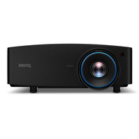 BenQ LU935ST WUXGA laser projector front view with illuminated blue lens ring and BenQ logo on a white background