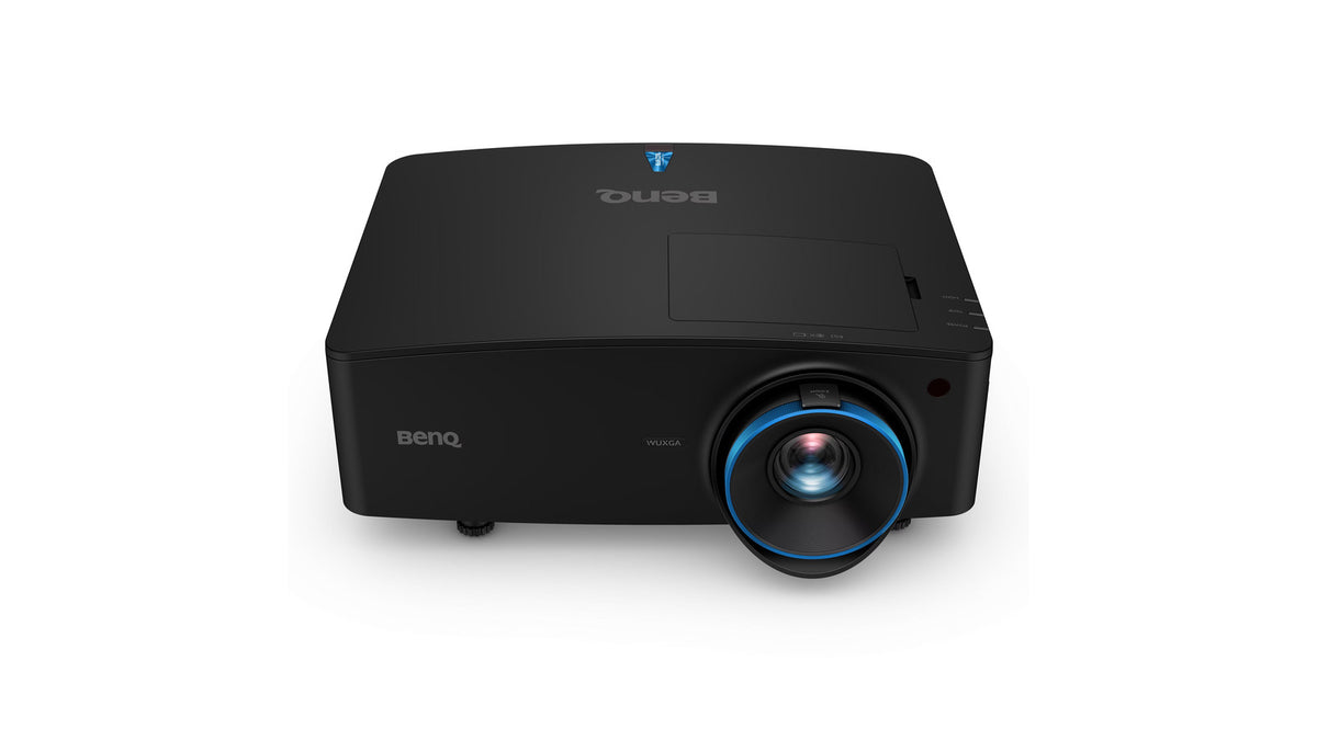 BenQ LU935ST WUXGA laser projector elevated angled front view showing the top panel with BenQ logo, lamp door, side controls, and illuminated lens