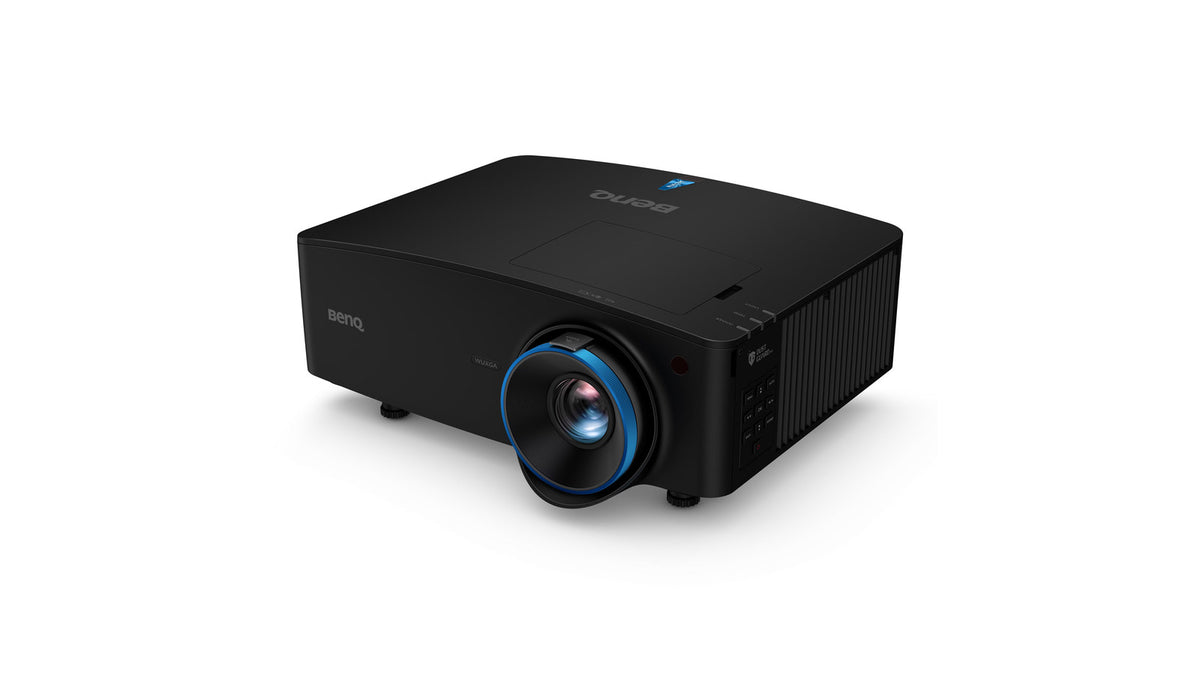 BenQ LU935ST WUXGA laser projector angled left three quarter view showing the top panel, illuminated lens, side vents, and control panel