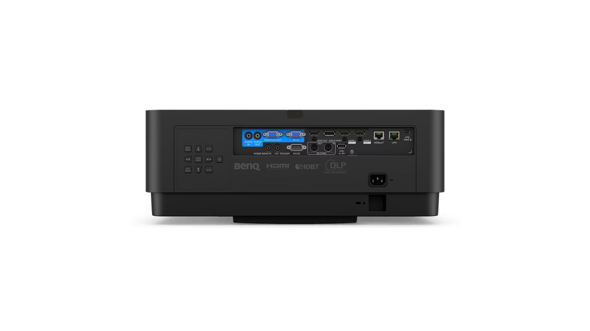 Rear view of the BenQ LU960ST2 short throw projector showing the HDMI, HDBaseT, and other connectivity ports