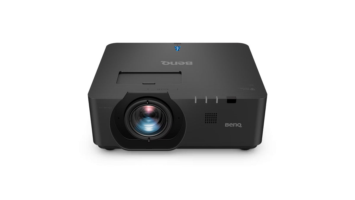 BenQ LU960ST2 short throw projector elevated angled front view showing the large lens and top BenQ logo