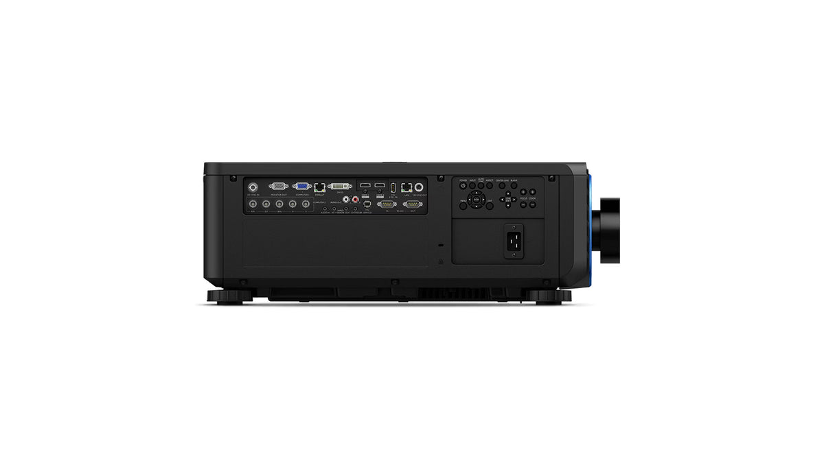 Side view of the BenQ LU9800 laser projector showing the full input, output, and control panel