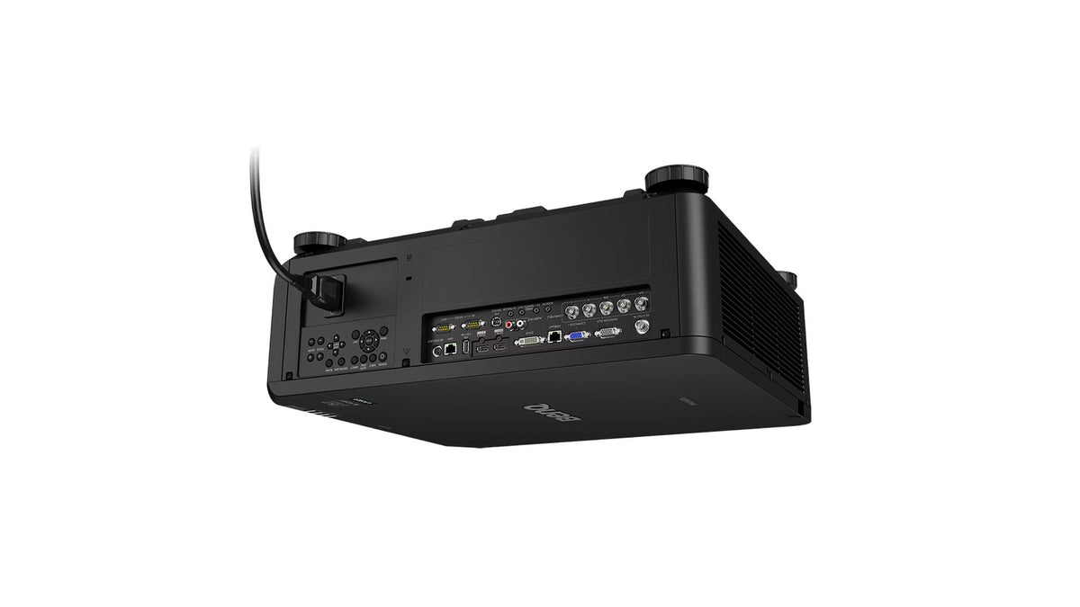 Rear angled view of the BenQ LU9800 laser projector showing the connection panel with power cord attached and adjustable feet
