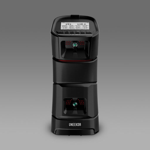 Uneekor EYE MINI launch monitor front view with built in display showing shot data