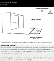 Uneekor Eye XR installation diagram showing recommended mounting height, distance, and hitting zone alignment